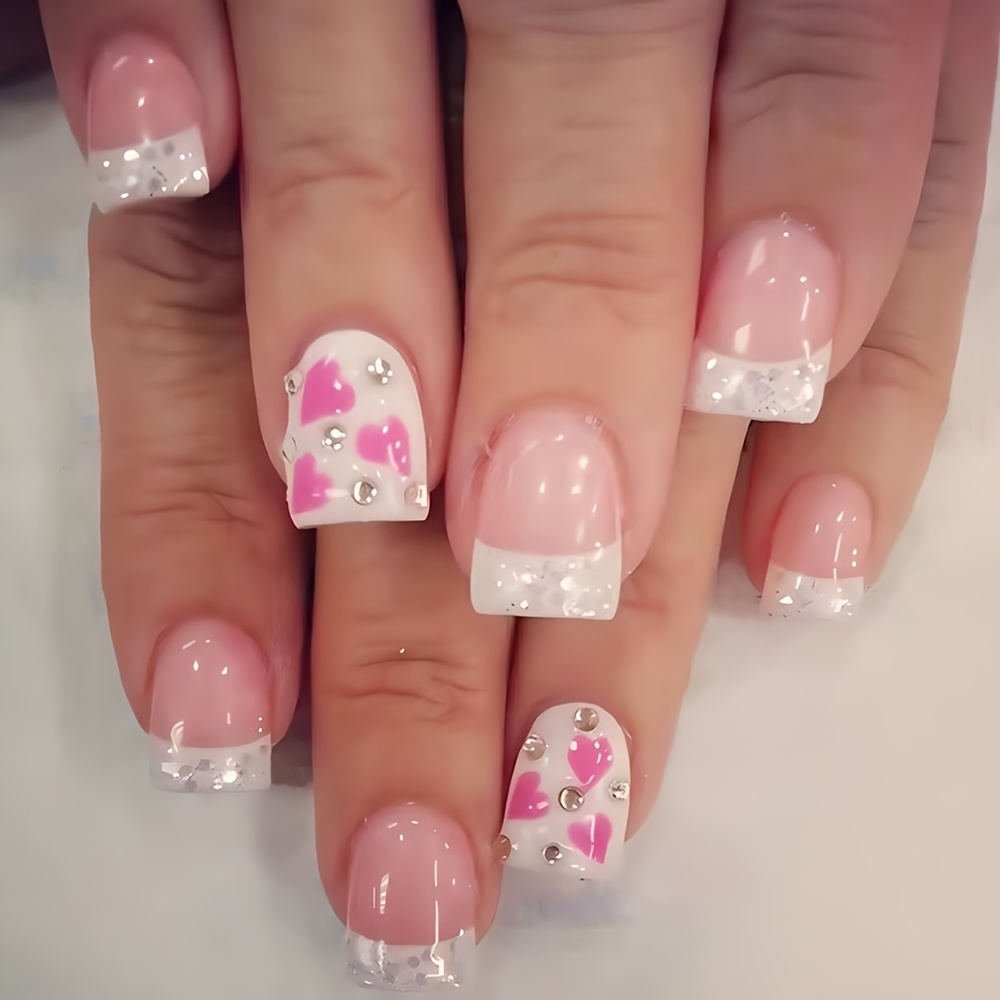 

24pcs -on Nails With Hearts, Short Square French Tip Pink False Nails, , Holiday Nail Art Set