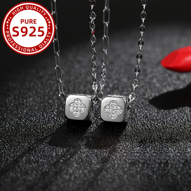 Women's Pendant Necklace Square Four Leaf Clover Charm 925 Sterling Silver