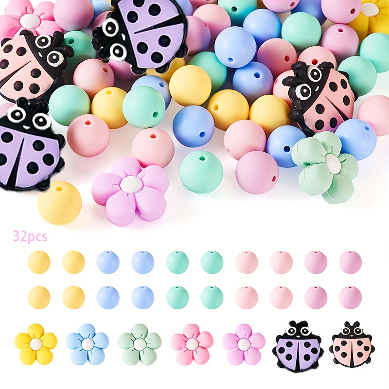 

32 Pcs Ladybug Flower Spring Theme Silicone Beads 15mm Pastel Round Beads For Diy Creative Pen Decoration Jewelry Making Diy Bracelet And Other Creative Decors Handmade Craft