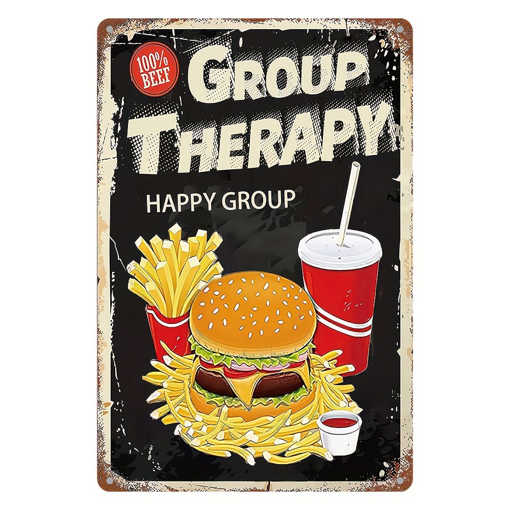 

1pc Vintage Metal Tin Sign, "group Therapy - Happy Group" With Burger And Fries Print, 8x12 Inches, Uv Printed Wall Art, Indoor & Outdoor Decor, Waterproof And Weather Resistant