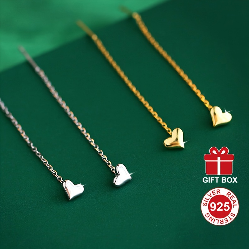 

925 Sterling Silver Dangle Earrings 18k Gold Plated Dainty Heart Design Golden Or Silvery Pick A Color U Prefer Hypoallergenic Jewelry With Gift Box