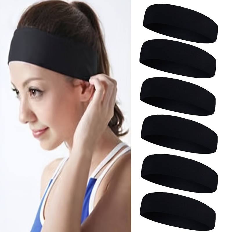 

6-pack Unisex Sports Headbands, Moisture-wicking Knit Fabric, Head Wraps For Running, Tennis, Basketball, Yoga, Gym - Black