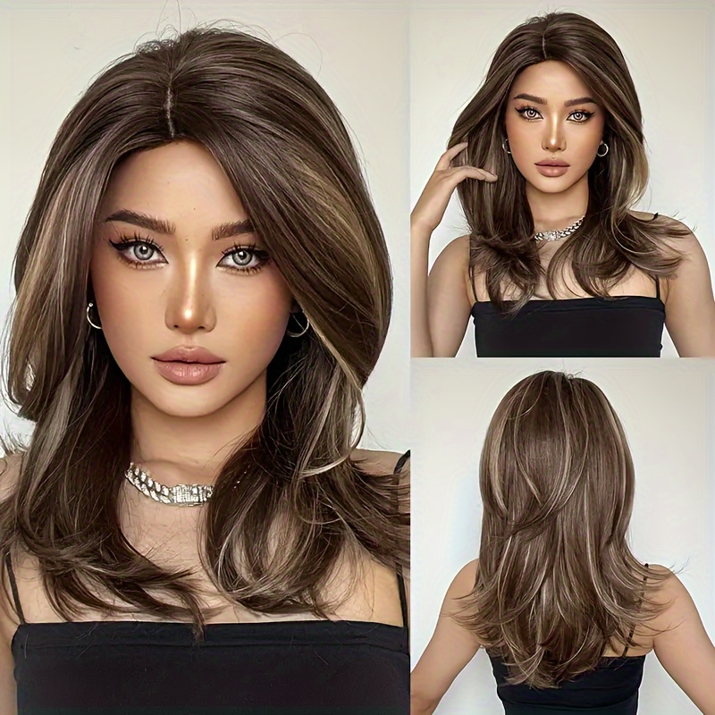 TEMU 22 "women's Fringe Gradient Brown Shoulder-length Straight Hair Natural Wig, 100% Density Rose Mesh Hat, Accent , Universal Size