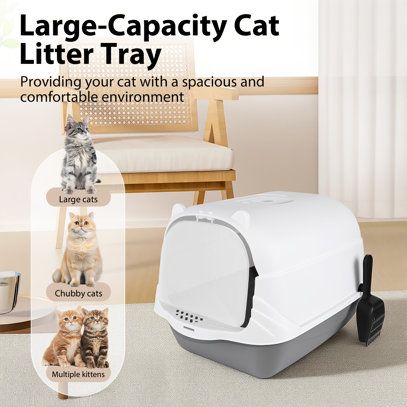 Image of Large Cat Litter Tray Toilet Box, Enclosed Secure Flap Door Lidded Detachable Hood , With , High Sided Rim Spacious, With Cat , 51 * 37 * 36cm, Grey