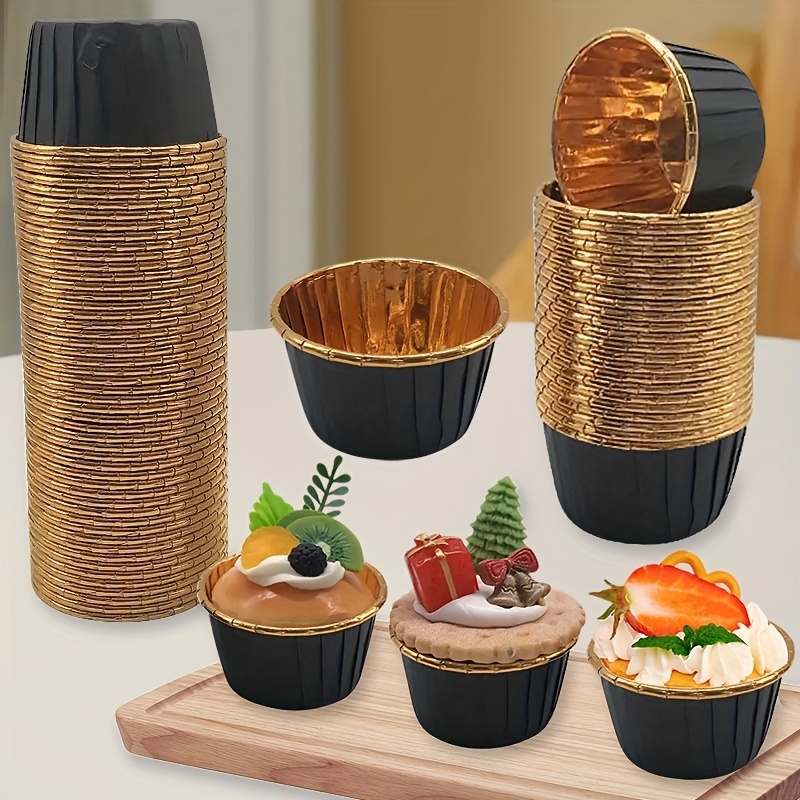 

50pcs High-temperature Resistant Laminated Paper Baking Cups, Gold-rimmed Cupcake Liners, Muffin Mold Tools For Desserts