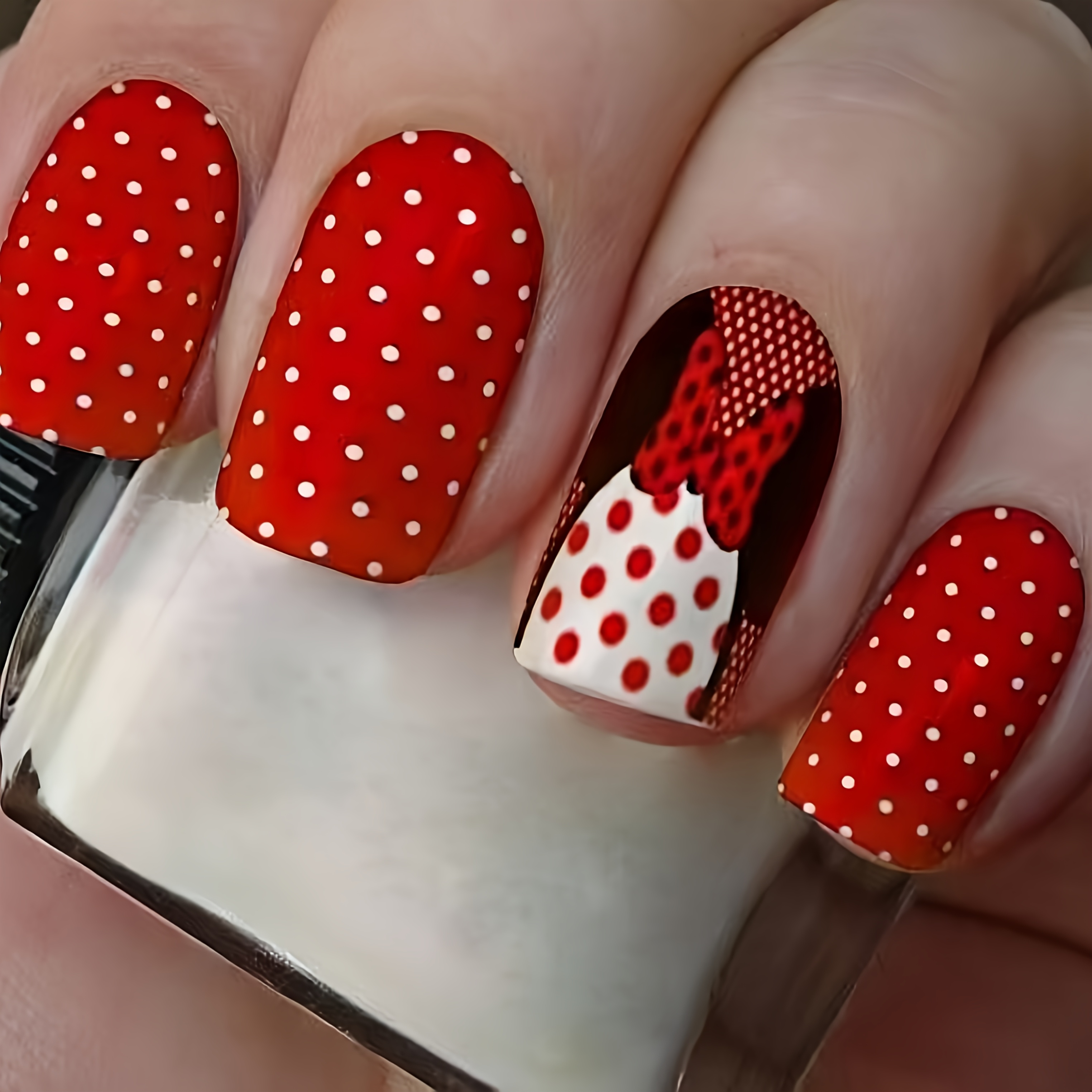 TEMU Kit de Nail Art 24 pièces, Base Rouge Unie à Pois Blancs et Nœud à Pois, Faux Ongles Press-On Mignons Style Dessin Animé Féminin, Bouts d'Ongles