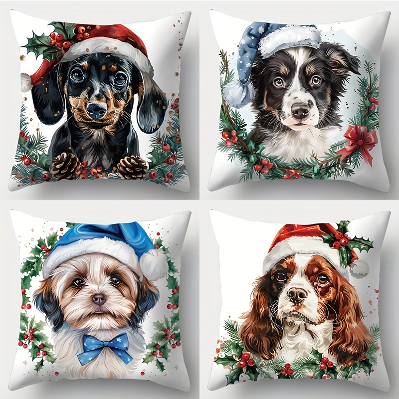 

Contemporary Christmas Dog Throw Pillow Covers, Set Of 4, 18x18 Inch, Polyester, Zipper Closure, Puppy Design, Decorative Cushion Cases For Living Room Couch, Bedroom – Hand Wash, No Insert