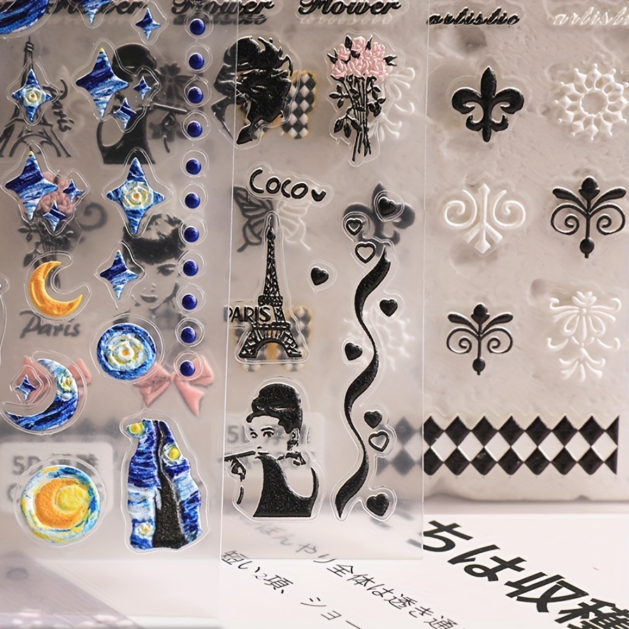5D Embossed Nail Art Stickers, Starry Night & Butterfly Designs