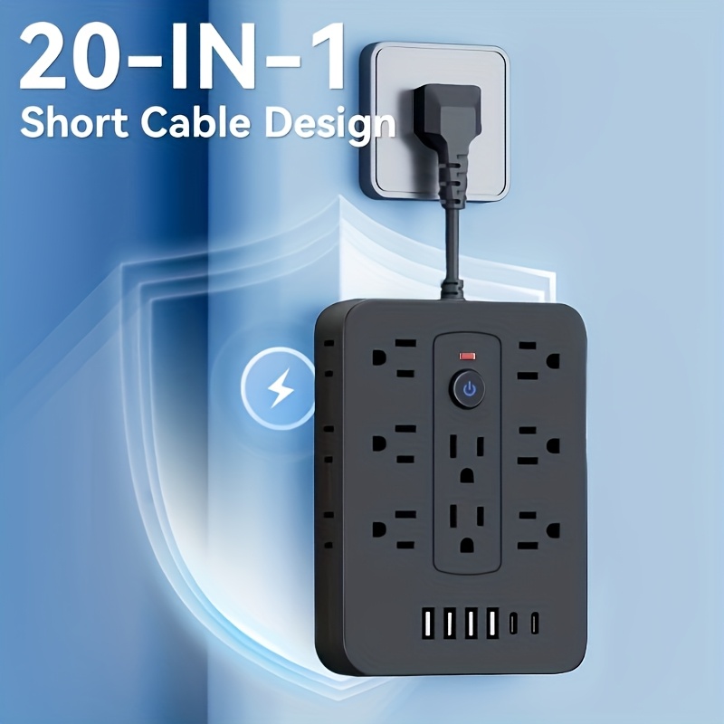 A Multifunctional Power Strip with Overload Protection, Featuring 14 AC Outlets, 4 USB Outputs, And 2 Type-C Outputs. Available in White Or Black, with Options for Short, 5FT, Or 10FT Extension Cords. It Includes Dual Side Sockets