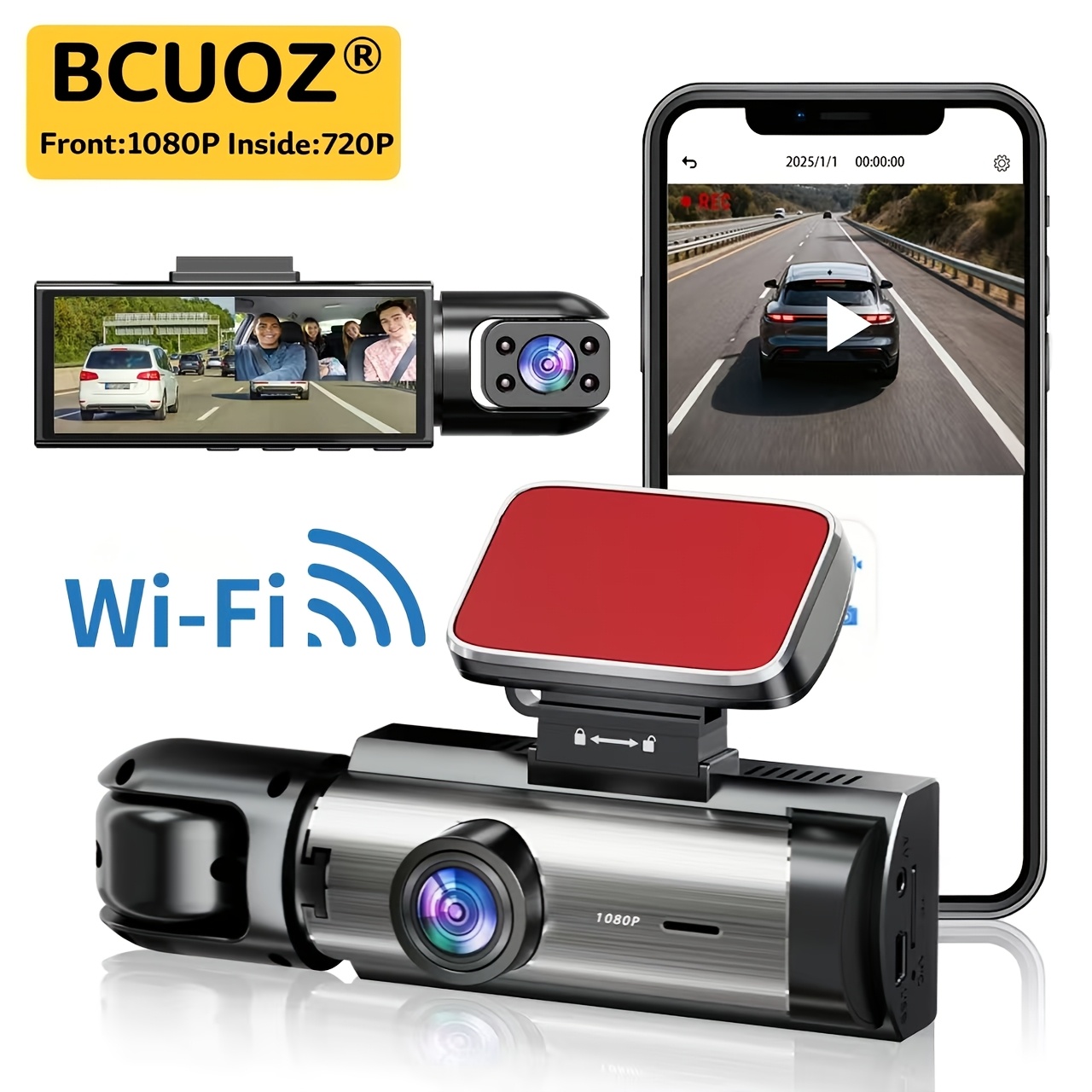 Bcuoz Wifi Dash Cam For Cars, 1080p Front And 720p Inside Camera, With Wifi App, Vision, Loop Recording, , Support 24h Parking Monitor, Optional No Card/32gb Memory Card.