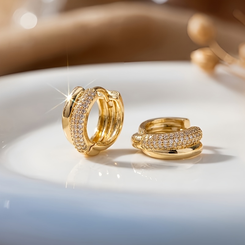 TEMU A Pair Of Exquisite Double-row Set Copper-inlaid Synthetic Synthetic Zirconia Hoop Earrings, Versatile And Elegant, Suitable For Women's