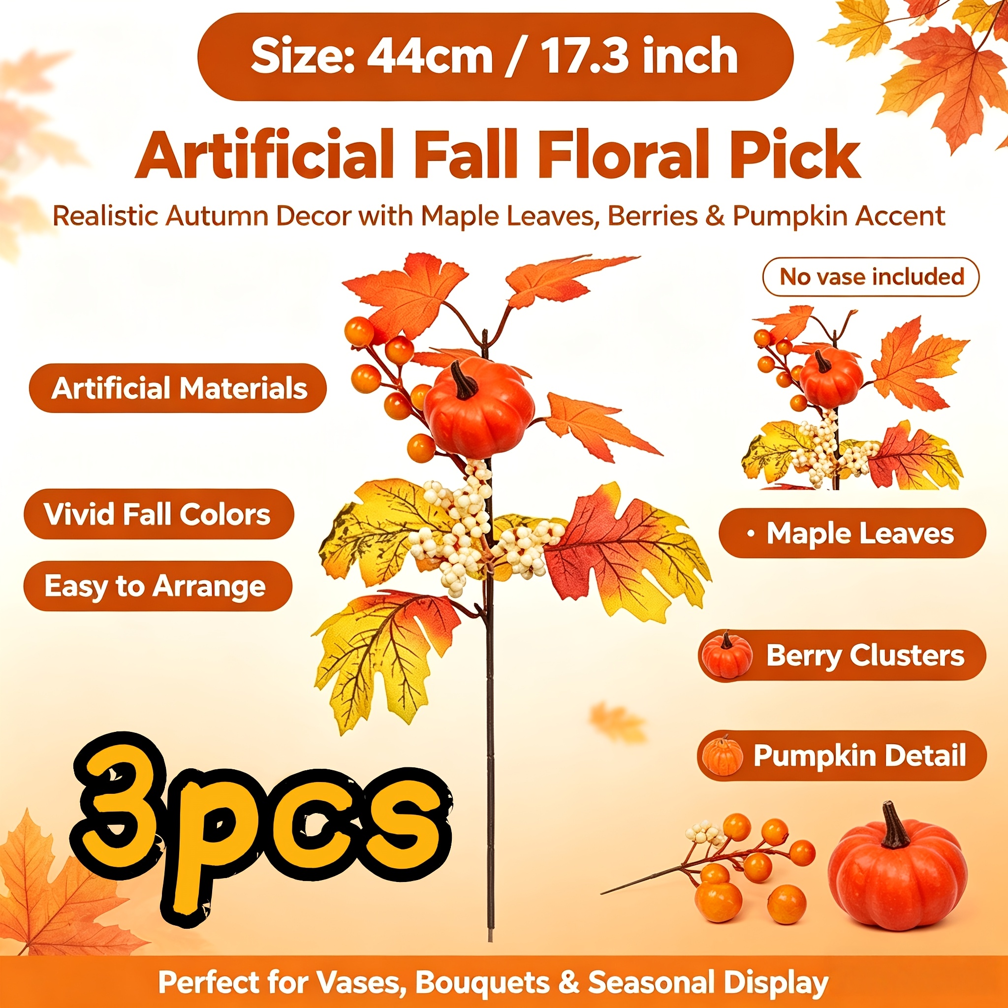 TEMU 3pcs Halloween Atmosphere Decoration Berry Maple Leaf Branch Vintage Artificial Flower Arrangement Ornament
