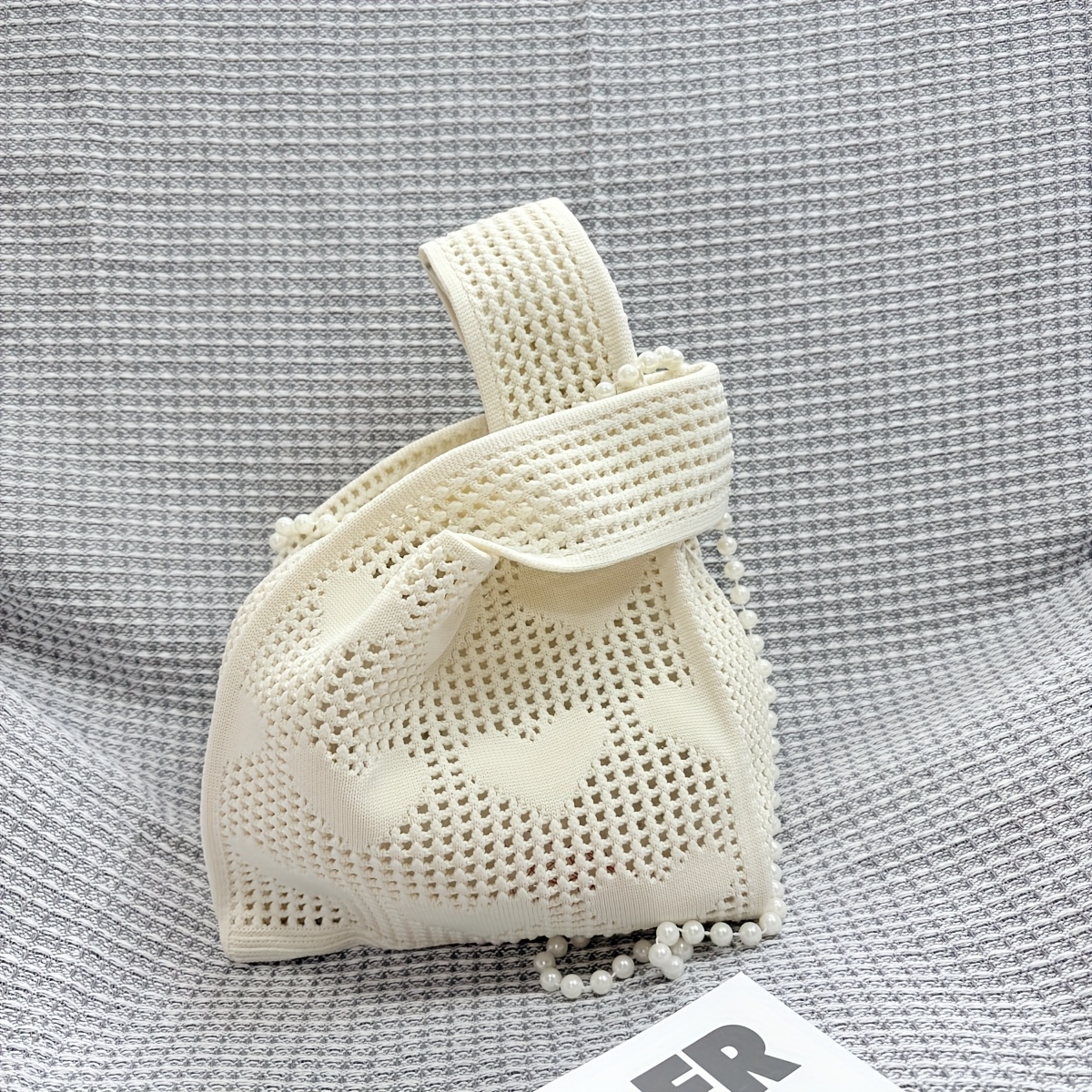 E-shop 1 Uni- herzförmige durchbrochene gestrickte Damen-Handtasche mit großem Fassungsvermögen, gewebte durchbrochene gestrickte Strandtasche,