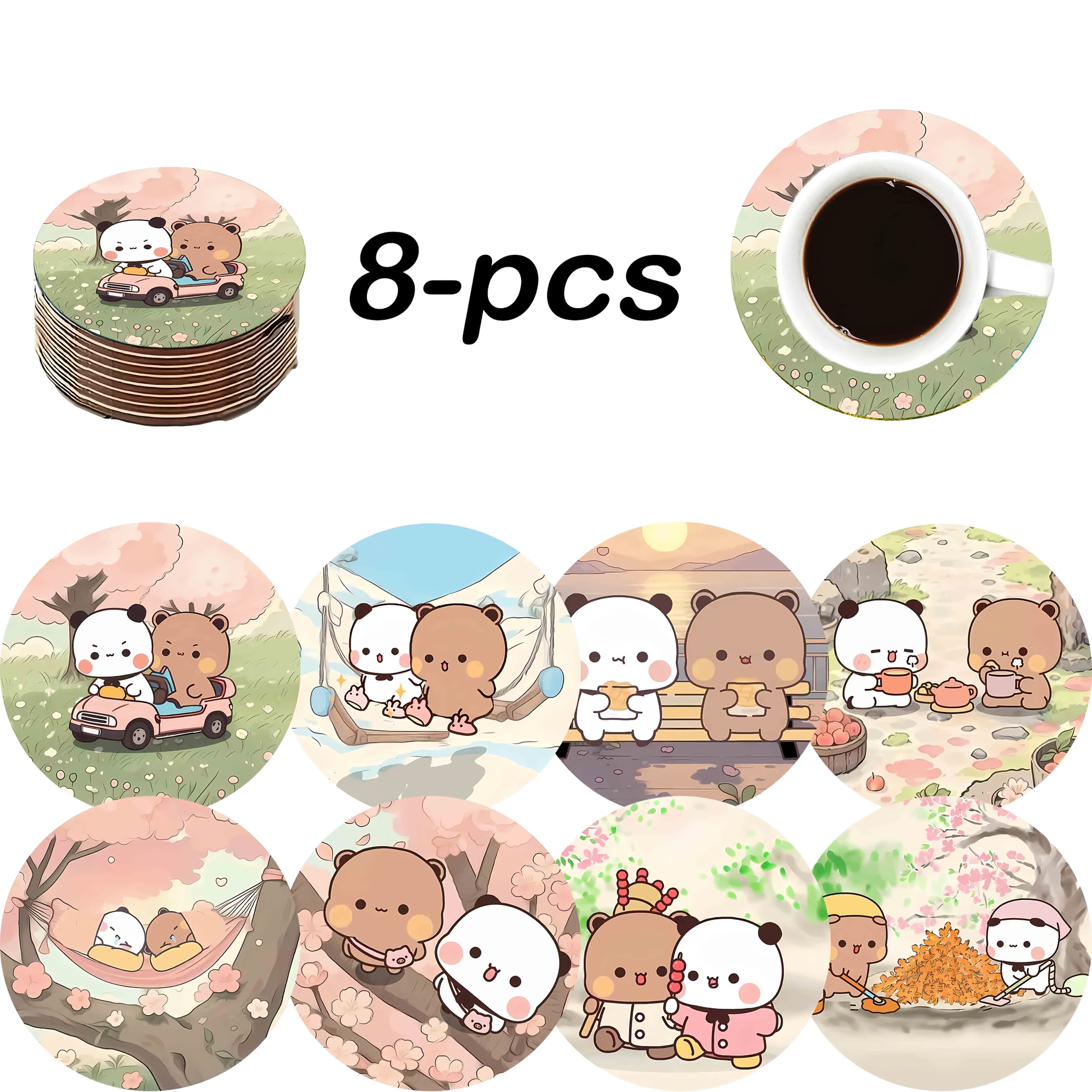 

8pcs Couple Bear Coasters Set - & Dudu , Romantic , Ideal For Bedroom & Dining Decor, Great Gift For