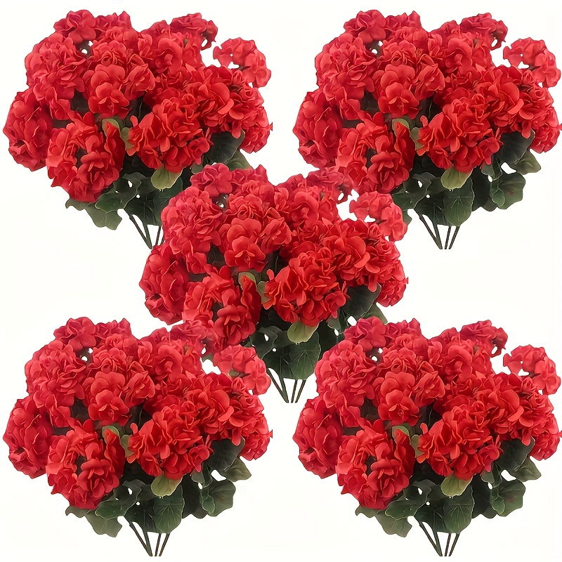 תמונת פריט 5 יחידות ספרינג פאוק גרניום תוסס מלאכותי ערוגות דמויות פרחים - פריחה אדומה מציאותית עם עלווה ירוקה עבה, פרחי סימולציה מלאכותיים, מתאים לעיצוב הבית, קישוט סלון, קישוט פנים וחוץ, אידיאלי לגינות, פתיחה בלשונית חדשה.