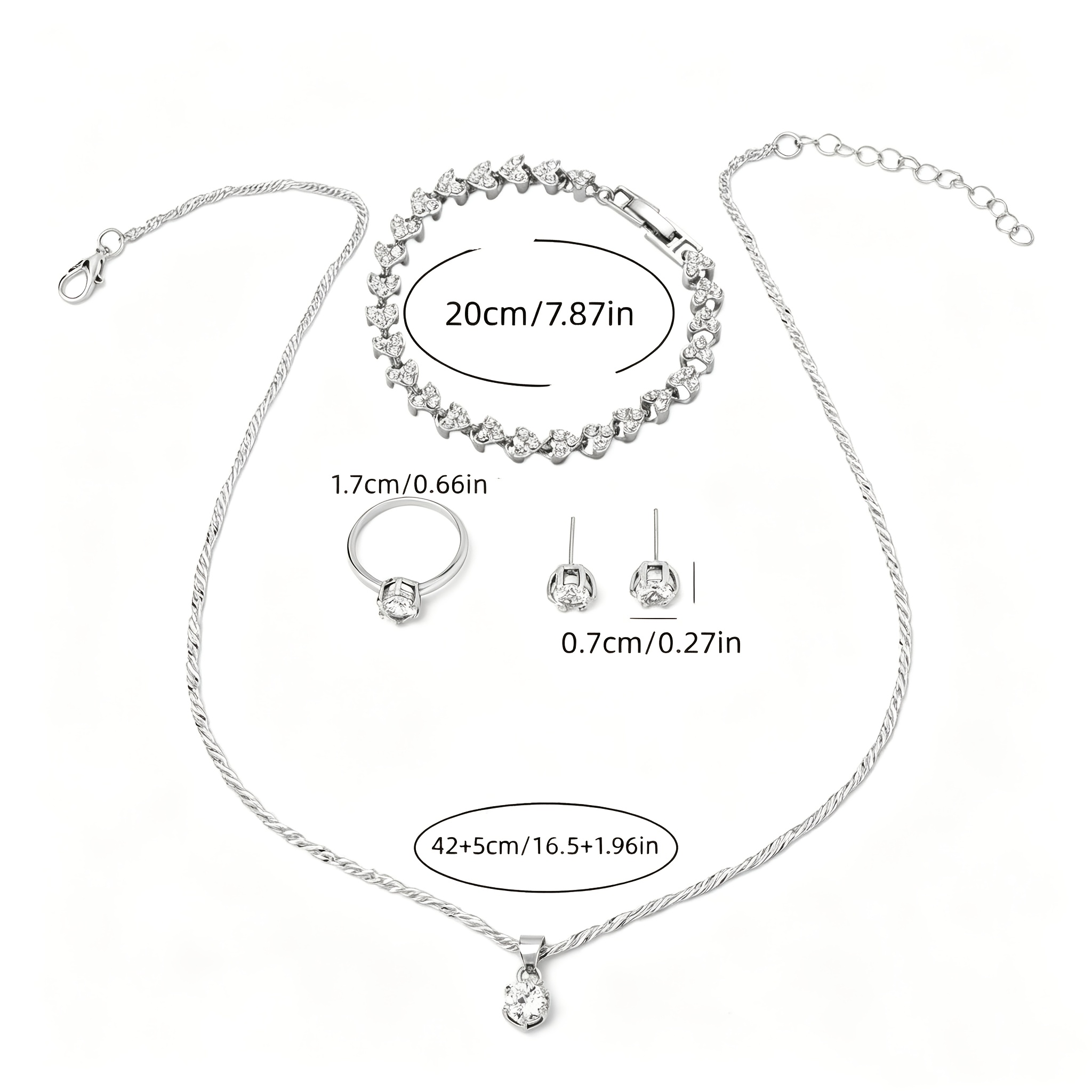 TEMU 5pcs Luxurious And Elegant Women's Jewelry Set, Including A Heart Bracelet, Necklace, Earrings, And Ring, Featuring A Shiny Silvery Design, Made