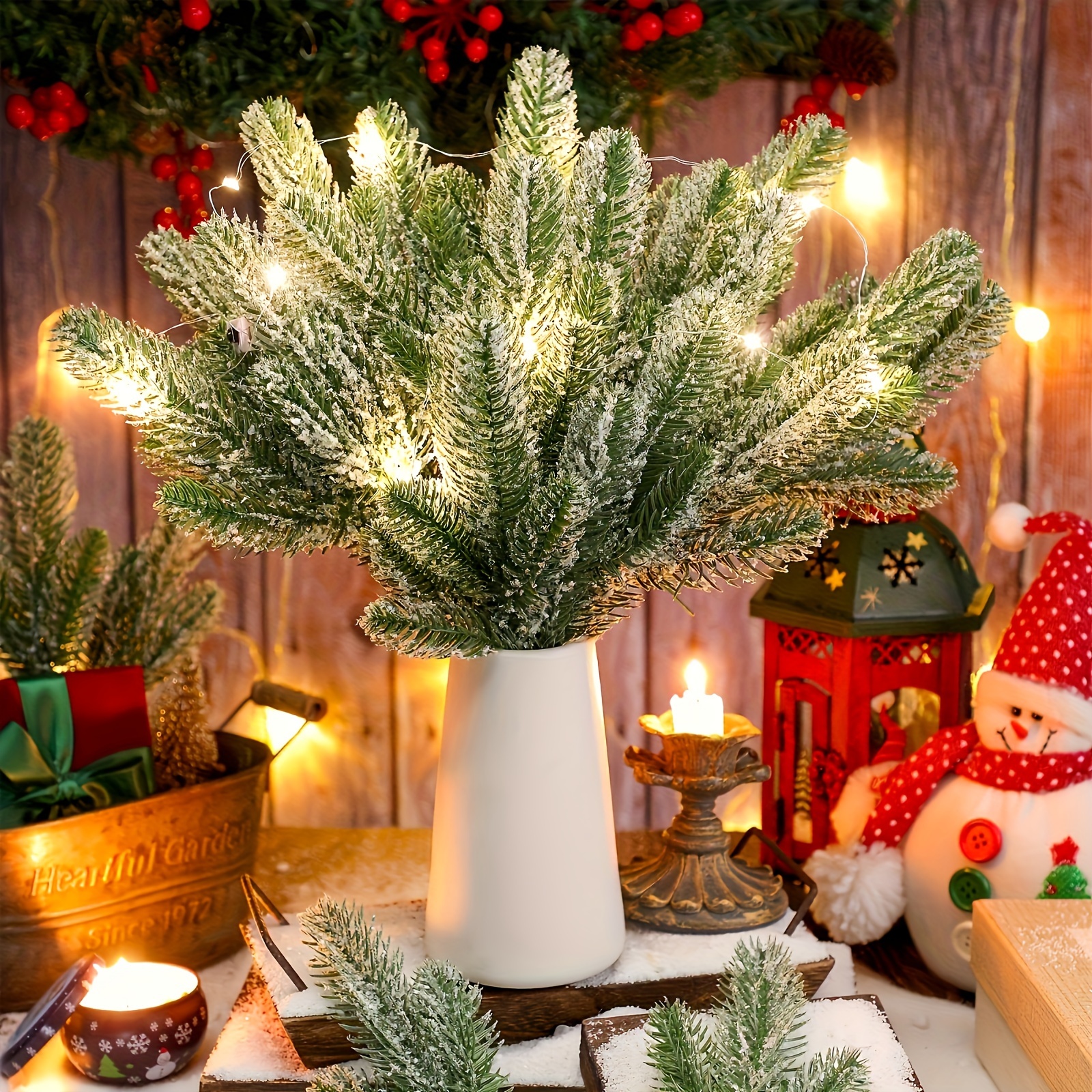 TEMU Lot de 10 fleurs artificielles de Noël, plantes vertes, aiguilles de pin, de Noël, verdure de Noël artificielle pour guirlandes de fleurs DIY,