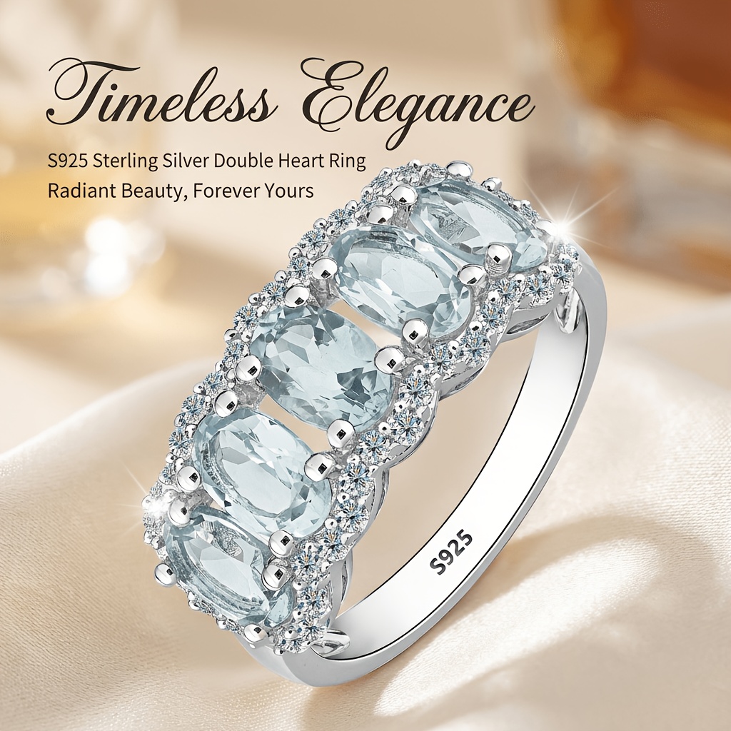 TEMU A 925 Sterling Silvery Light Blue Personalised Gemstone Women's Ring, Total Product Weight (4.47g), Suitable For Daily Wear, Birthday Gifts,