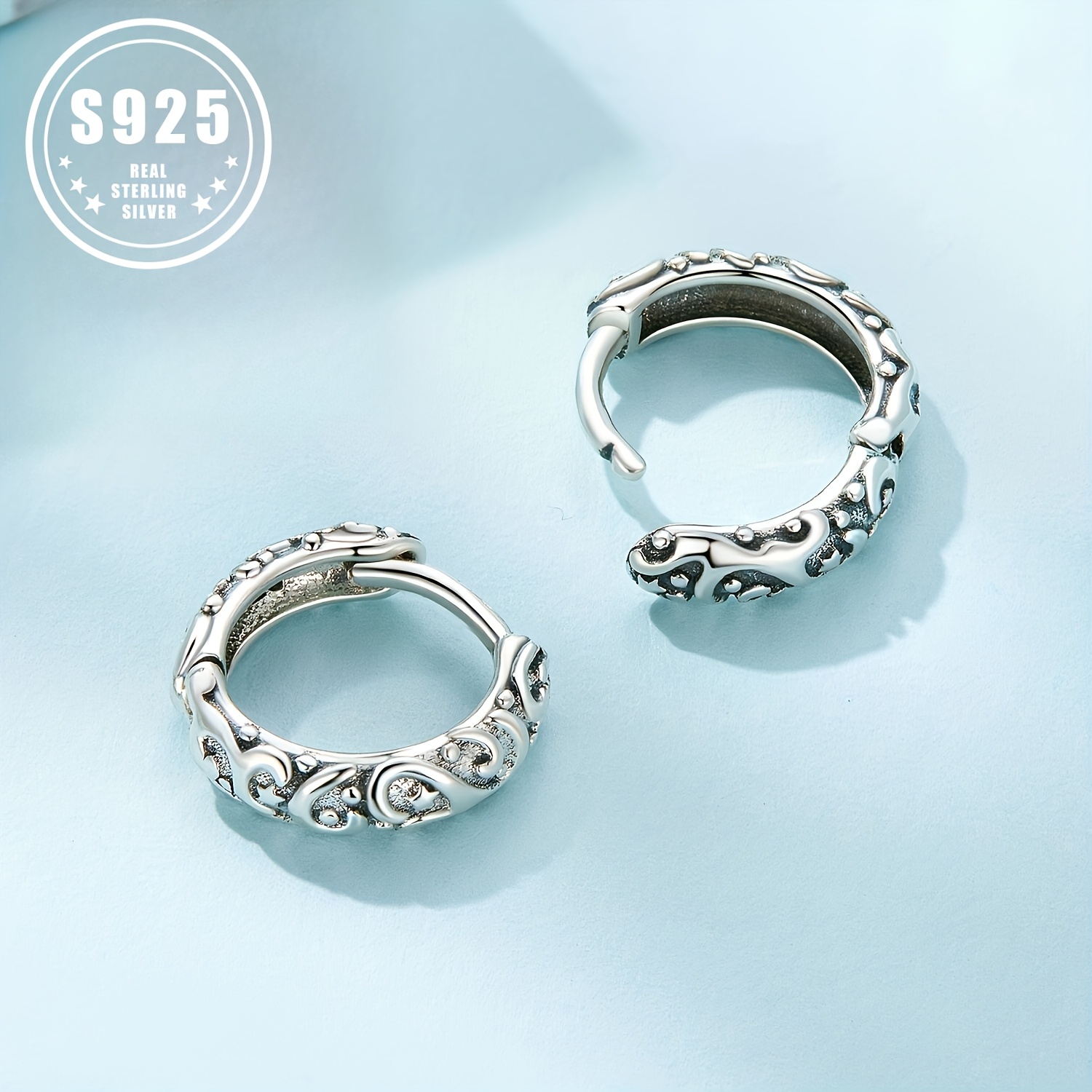 

S925 Sterling Silver Vintage Pattern Hoop Earrings For Teen, Christmas Jewelry.