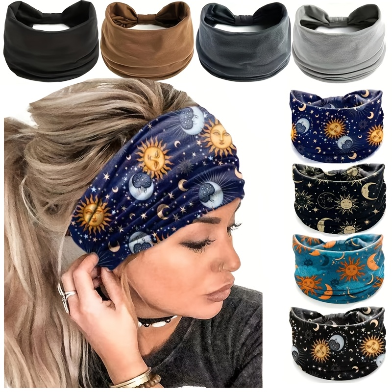 

4pcs/8pcs Printed Wide Headbands For Women - Moisture-wicking Polyester Knit Fabric, Non-slip Knot, Hairbands For Yoga, Running, Cycling, Basketball, Fashion Hair Accessories For Daily Use