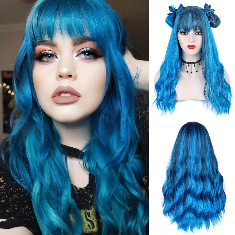 

Wig With Bangs Long Wavy Blue Wig With Air Bangs Synthetic Wigs For Women Curly Wigs For Daily Party Cosplay