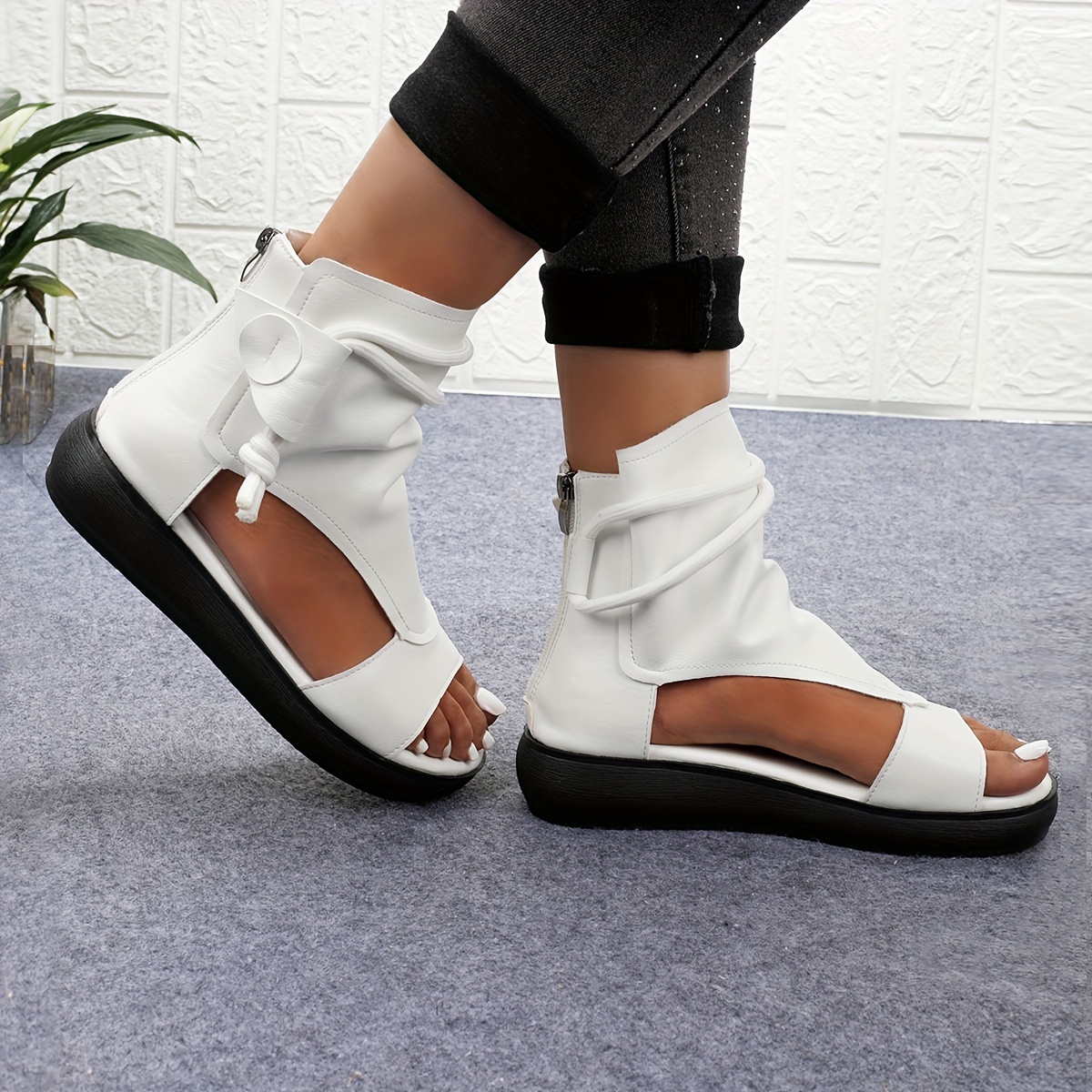 

Women's Solid Color Stylish Sandals, Back Zipper Platform Soft Sole Hollow Out Vacation Shoes, Comfort High-top Holiday Sandals