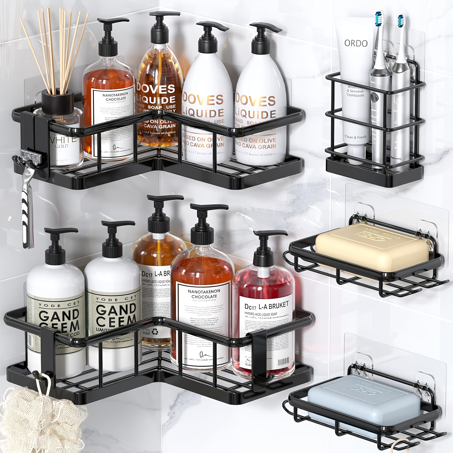 TEMU Corner Shower Shelf, 5pcs Set, Adhesive Mounted Rust-proof Corner Shower Organizer With Soap Dish, Soap Holder, Toothbrush Holder, No-drill