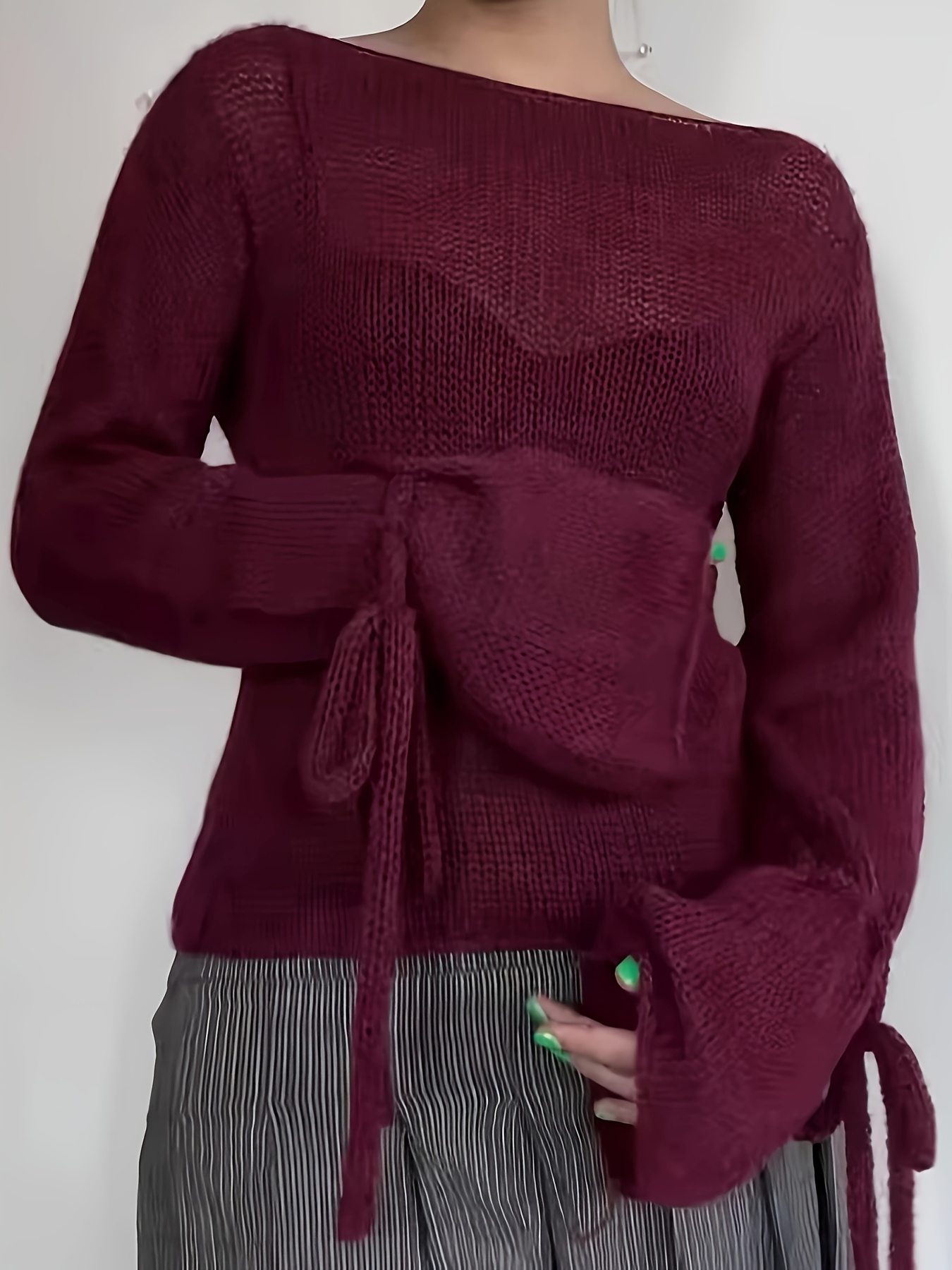 elegant shoulder cable sweater women chic top tie back Temu Pakistan