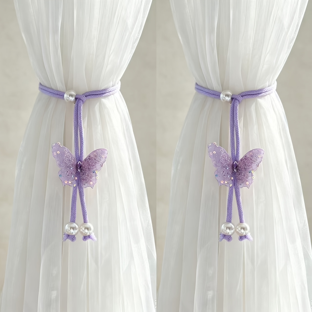 TEMU 2pcs Tiebacks, Sequined Adjustable Pearl Rope Curtain Hooks, No-drill Curtain Tying Straps, Suitable For Sheer And Regular Curtains, Bedroom