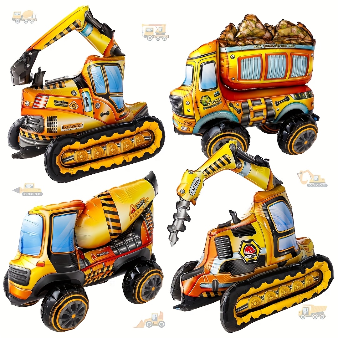 Image of 4pcs Self Standing Balloons Birthday Party Supplies Excavator Vehicle Dump Truck Mixer Truck Foil Balloons For Construction Birthday Party Decorations, Halloween Decorations, Christmas Decorations