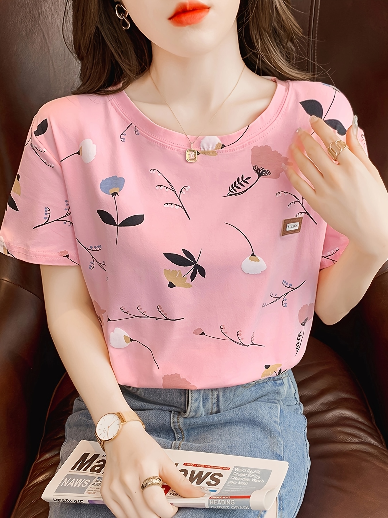 womens pink floral print t shirt short sleeve loose fit Temu Greece