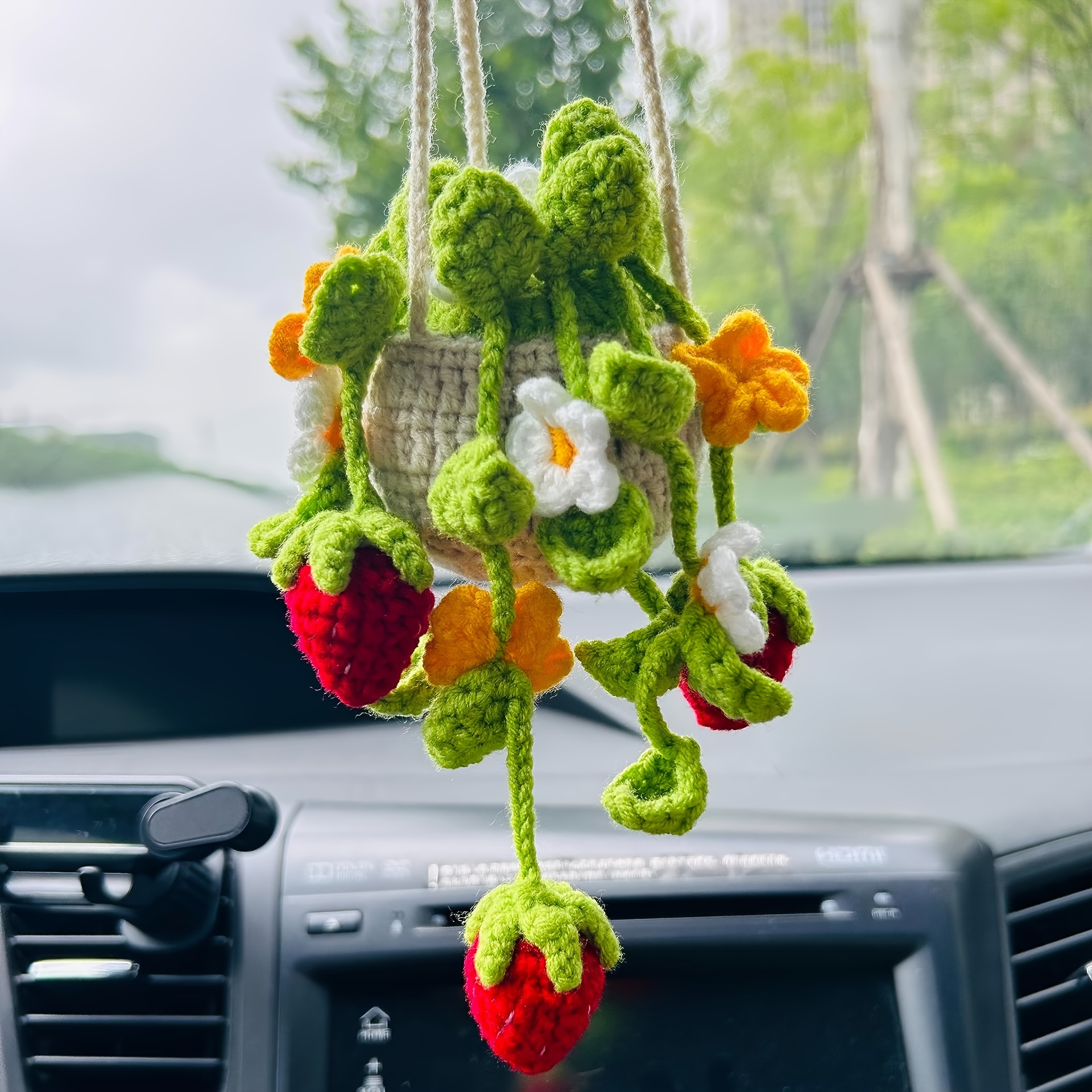 

Adorable Strawberry Crochet Rearview Mirror Accessory, Handmade Car Mirror Hanging Accessory, Rearview Mirror Accessory Women's Car Decoration