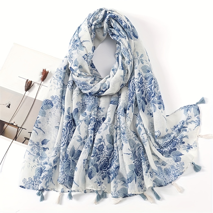 

Blue Flower Print Scarf Thin Breathable Tassel Shawl Boho Style Windproof Sunscreen Travel Scarf For Women