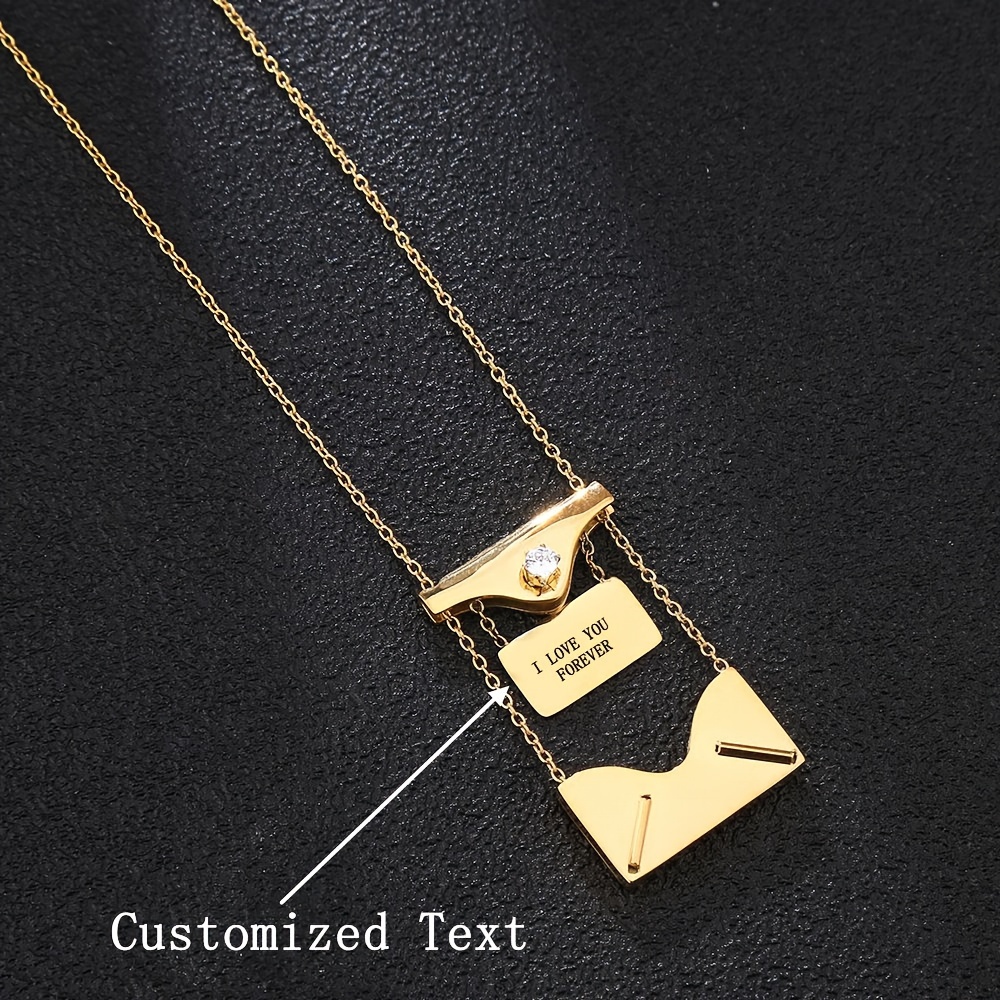 

Hanna Elegant Envelope Pendant Necklace With Customized Text, Synthetic Cubic Zirconia, Stainless Steel, No Plating, Ideal For , Gift-, And