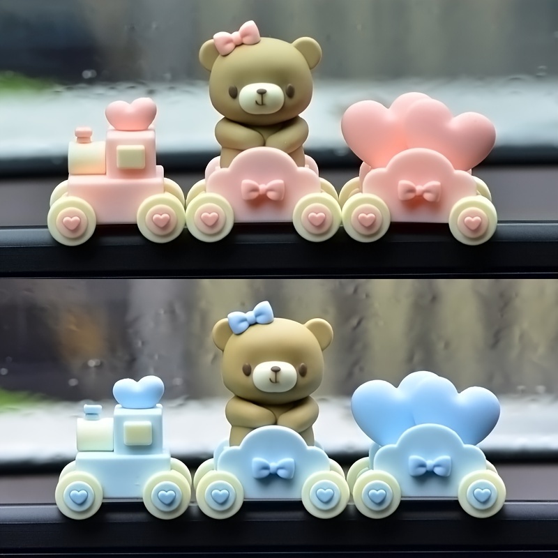 

3pcs/6pcs Cute Bear Train And Car Ornaments Suitable For Bedroom, Desk, Living Room, Study, Cake Decoration, Home Supplies, Dashboard Decoration, Cartoon Dolls