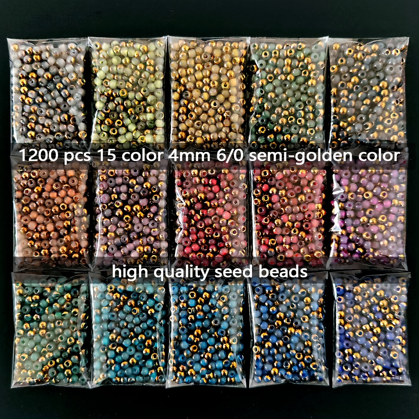 Kit di perline di vetro da 1200 pezzi, 4 mm 8/0 per la creazione di gioielli, forniture per perline, 15 colori semi-dorati, 5G/confezione, totale 75G/2.65 once, mini perline di alta qualità uniformemente distribuite
