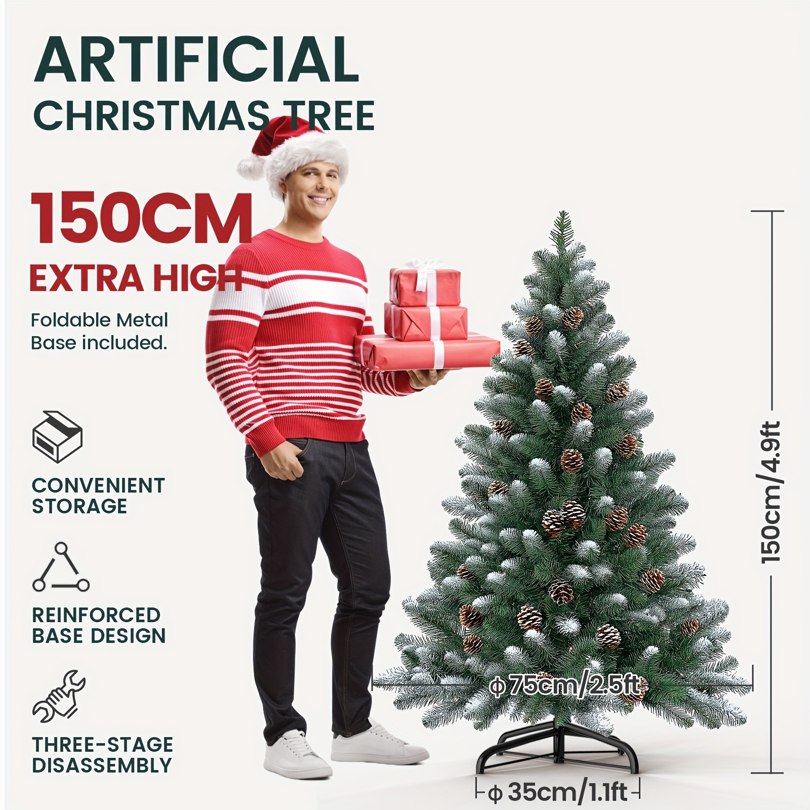 Image of Homelive 120-210 Cm Artificial Christmas Tree With Snow Effect And Pine Cones, Assembly Folding System For Christmas Decorations, Artificial Christmas Tree
