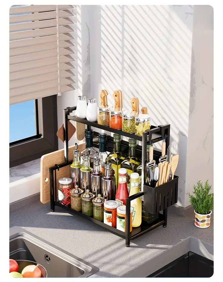 2 tier carbon steel spice rack organizer with utensil holder cutting board storage white metal kitchen countertop organizer for spices knives and cutting tools spices organizers and storage Product details 13