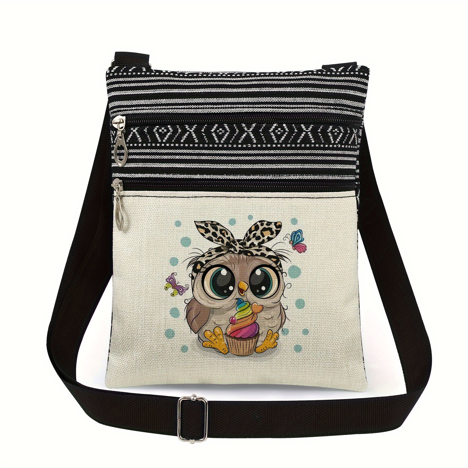 

Cute Cartoon Owl Print Crossbody Bag For Women, Adjustable Strap, Zippered Closure, Casual Travel Purse With Phone Pocket