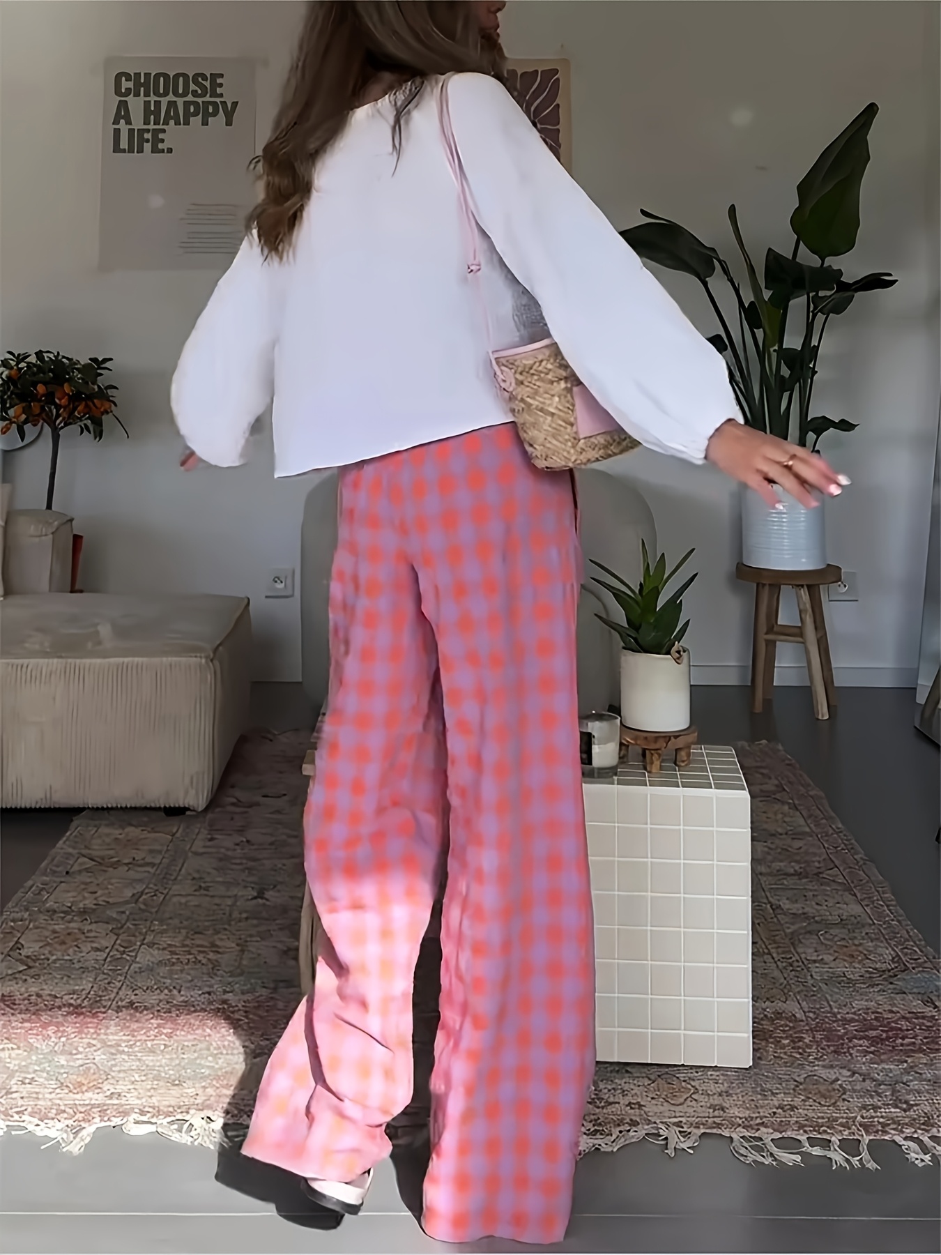 women's high waist checkered wide leg pants casual straight Temu