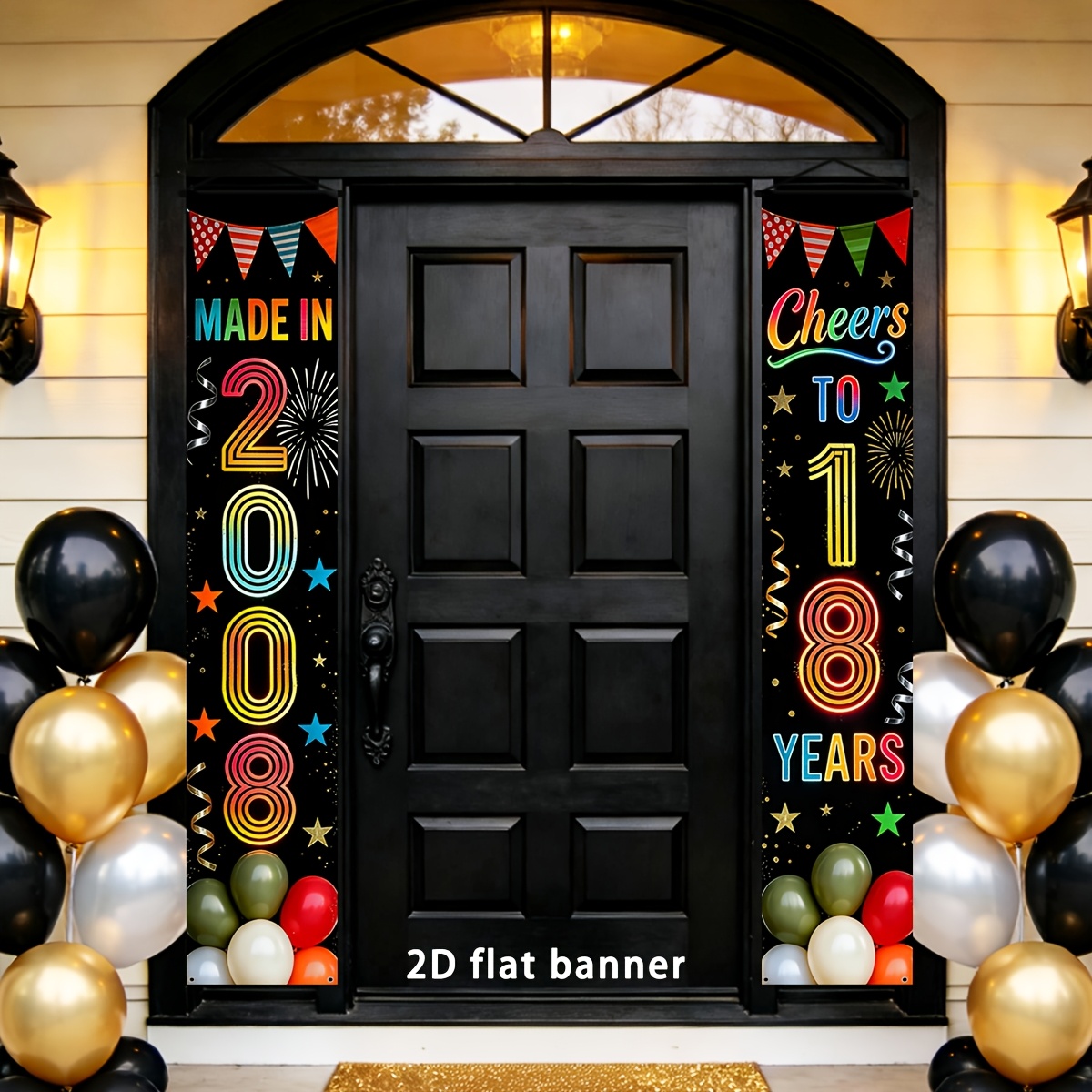 TEMU 2d Flat, 2d Door Banner, 2d Flat Party Banner, 2pcs, 18th Birthday Door Banner Set, "made In 2008" And "cheers To " Hanging Sign With Balloons &