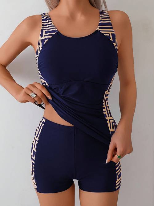 item picture fashionable split tankini solid color striped boxer briefs waist swimsuit