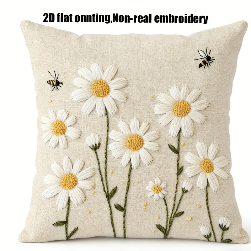 E-shop 2D Flache Stickerei 1 Stück Sommer Muttertag Pastorales Gestecktes Gänseblümchen Kissenbezug, mit Bienen, 2D Flacher Druck Ultra-Exquisit,