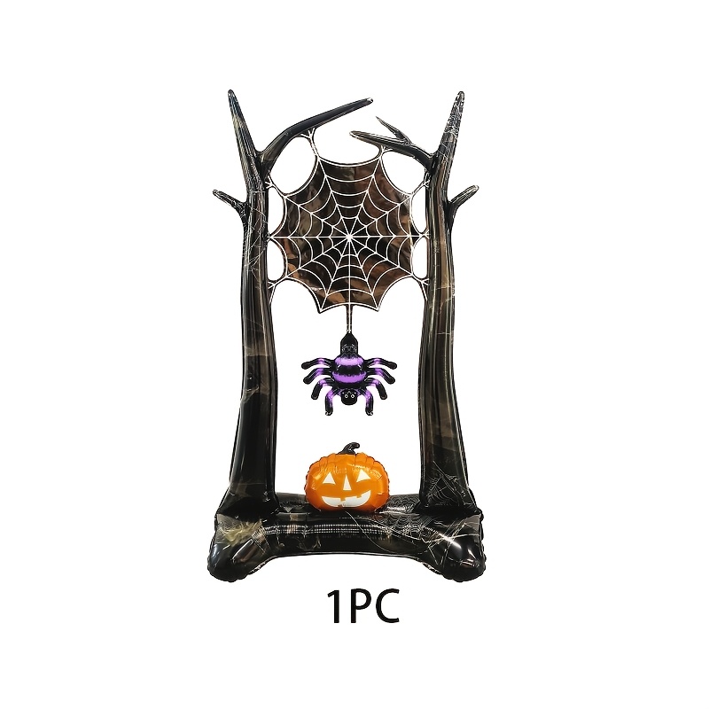 TEMU 1pc Standing Web Pumpkin Aluminum Foil Balloon. This Design Combines A Pumpkin With A Web, Making It Perfect For Halloween Party Decorations,