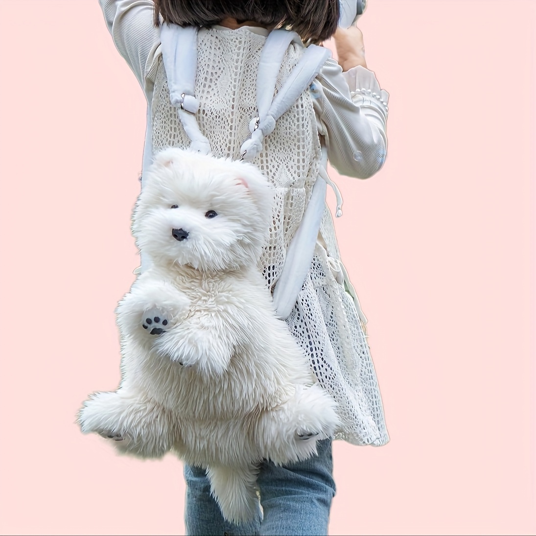 

White Puppy Backpack Handmade, Polyester Fur, Realistic Stuffed Animal, Adjustable Straps - Perfect Gift For Pet Lovers, Women, For Anniversaries, Christmas, Halloween Gift Box Card