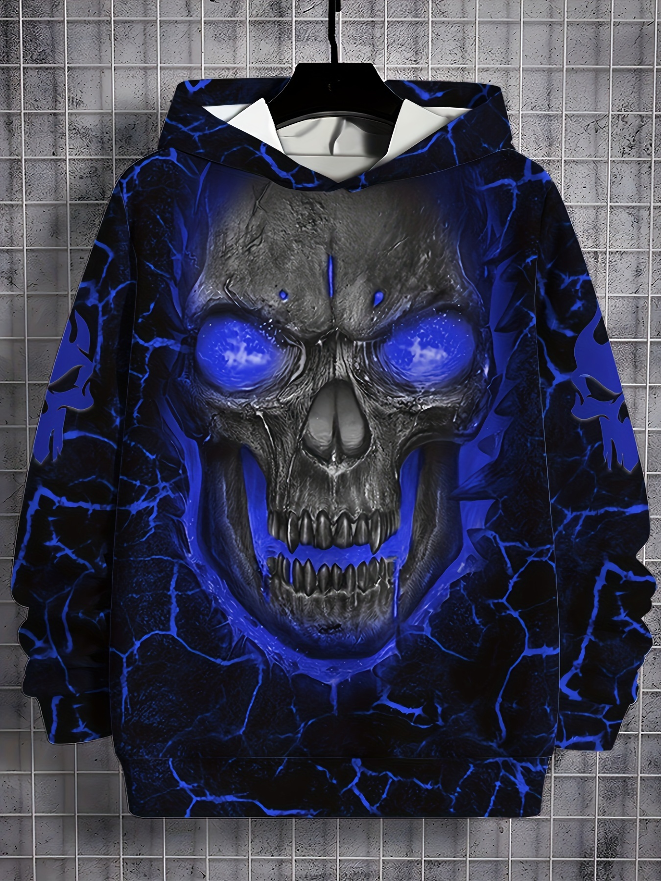 *'* Skull Print Hoodie Edgy Blue Black Graphic Design, Long Sleeve  Pullover for Spring and Fall, Casual Streetwear Style, Casual Attire Str