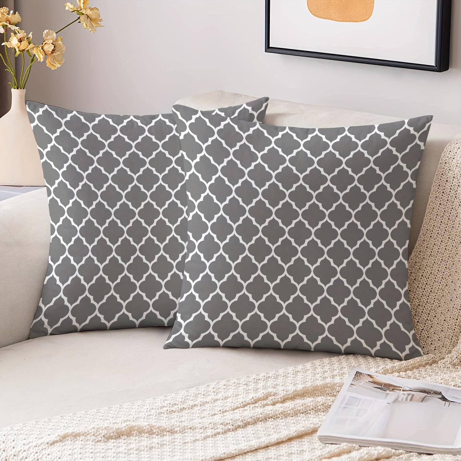 TEMU Set Of 2 Gray And White Geometric Patterned Pillow Covers, 45.72x45.72 Cm - Double-sided Print, Modern , Suitable For Living Room And Bedroom
