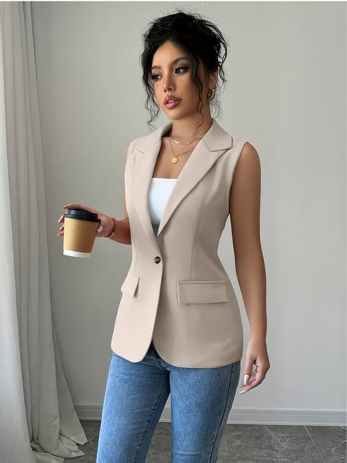 chaleco sin para mujer petite, color liso y fija, con bolsillo