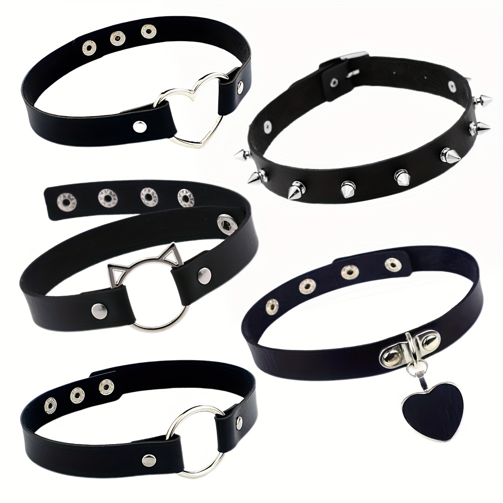Image of 5pcs Punk Style Heart-shaped Collar Set | Fashionable Cat Head Necklaces, Gothic Rock Necklaces, Faux Leather, Ideal For Party And Music Festivals, Suitable For