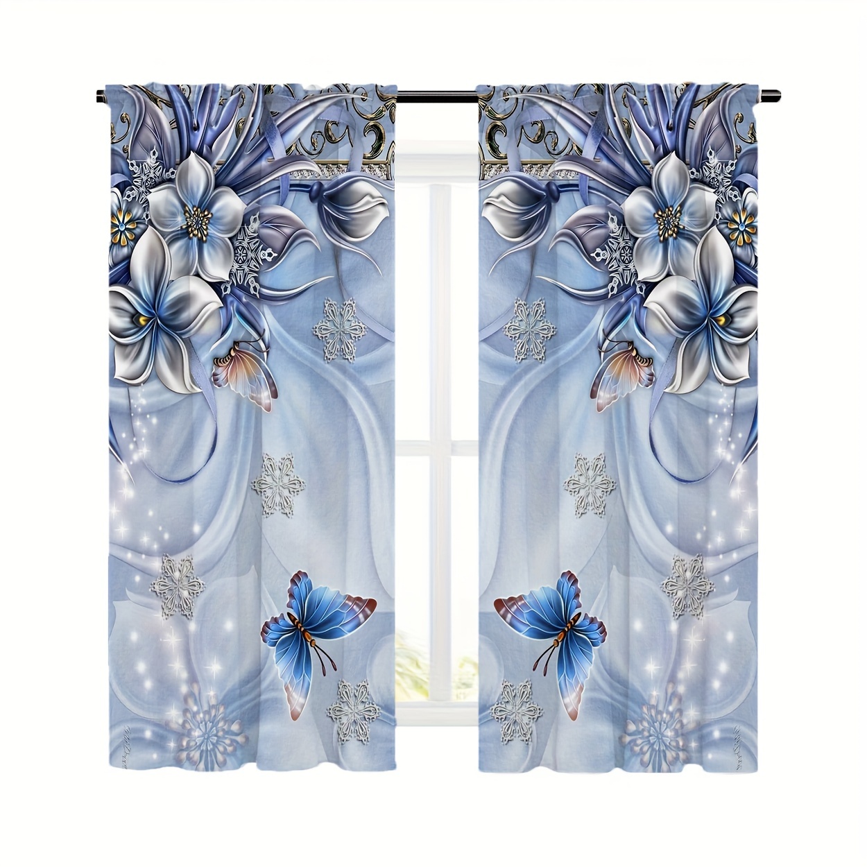 

2pcs, Blue Flower - Printing Pattern Curtains, Polyester Material Rod Pocket Curtains, Living Room Bedroom Kitchen Multi-scene Home Decor Party Supplies